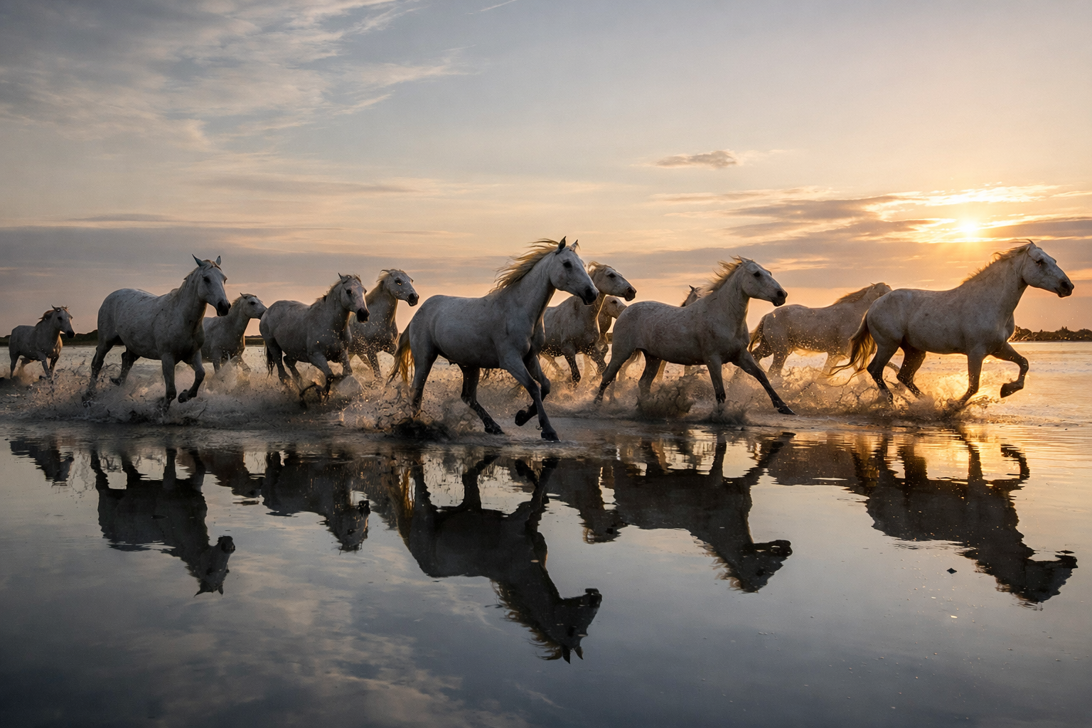 Табун лошадей, отражённых в воде